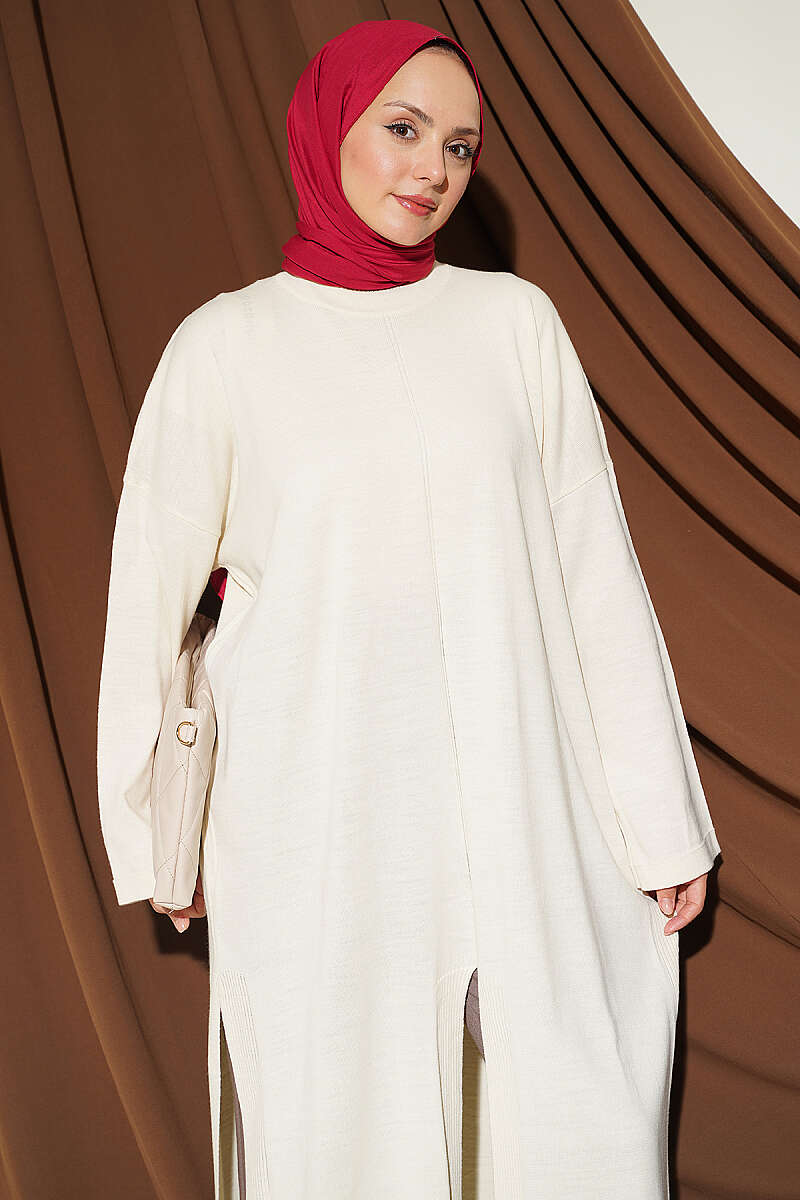 Knit Tunic with Long Side Slits - Beige
