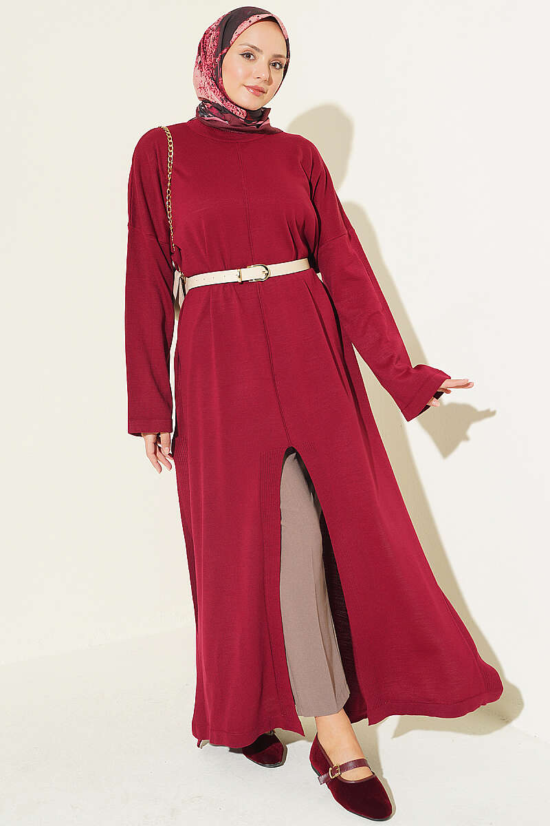 Knit Tunic with Long Side Slits - Burgundy