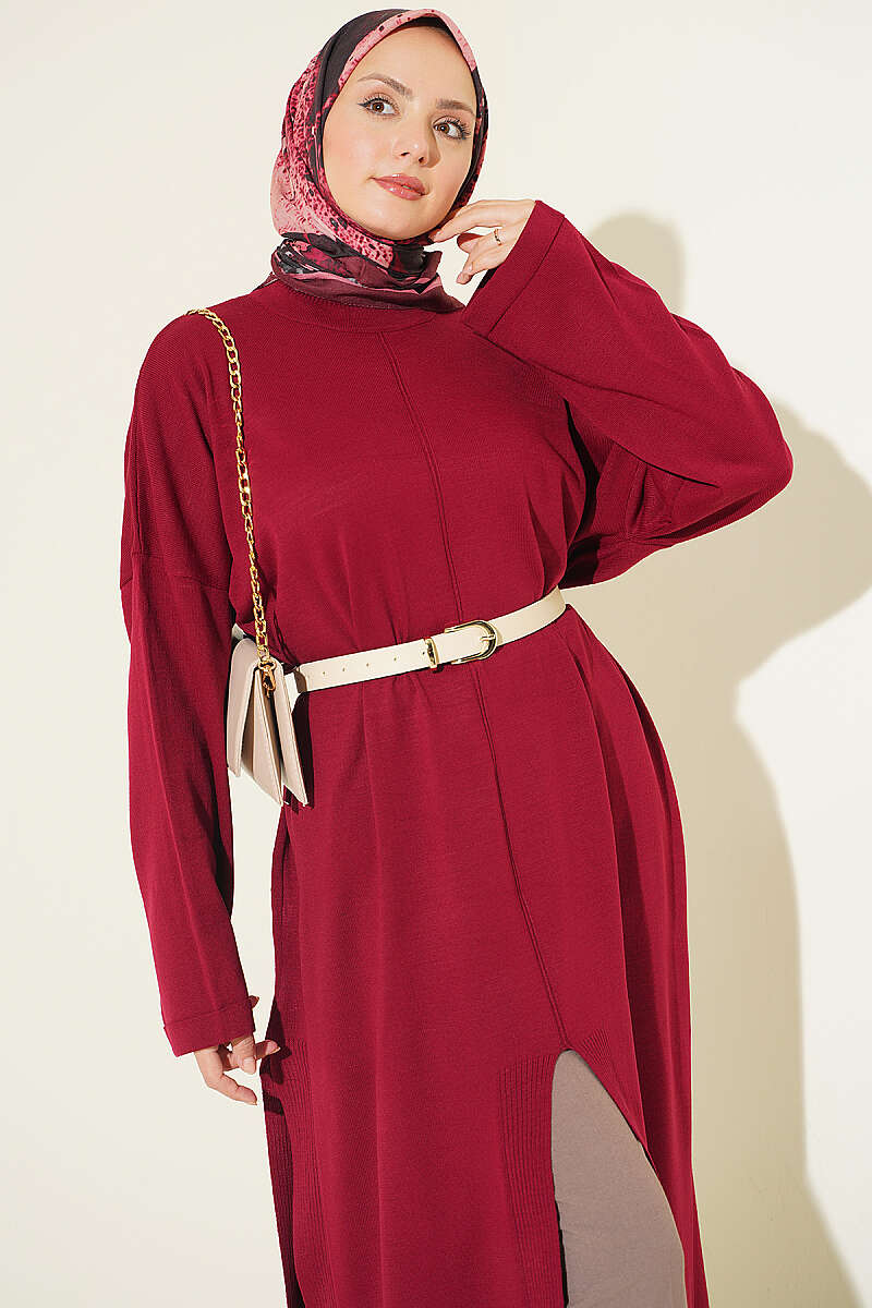 Knit Tunic with Long Side Slits - Burgundy