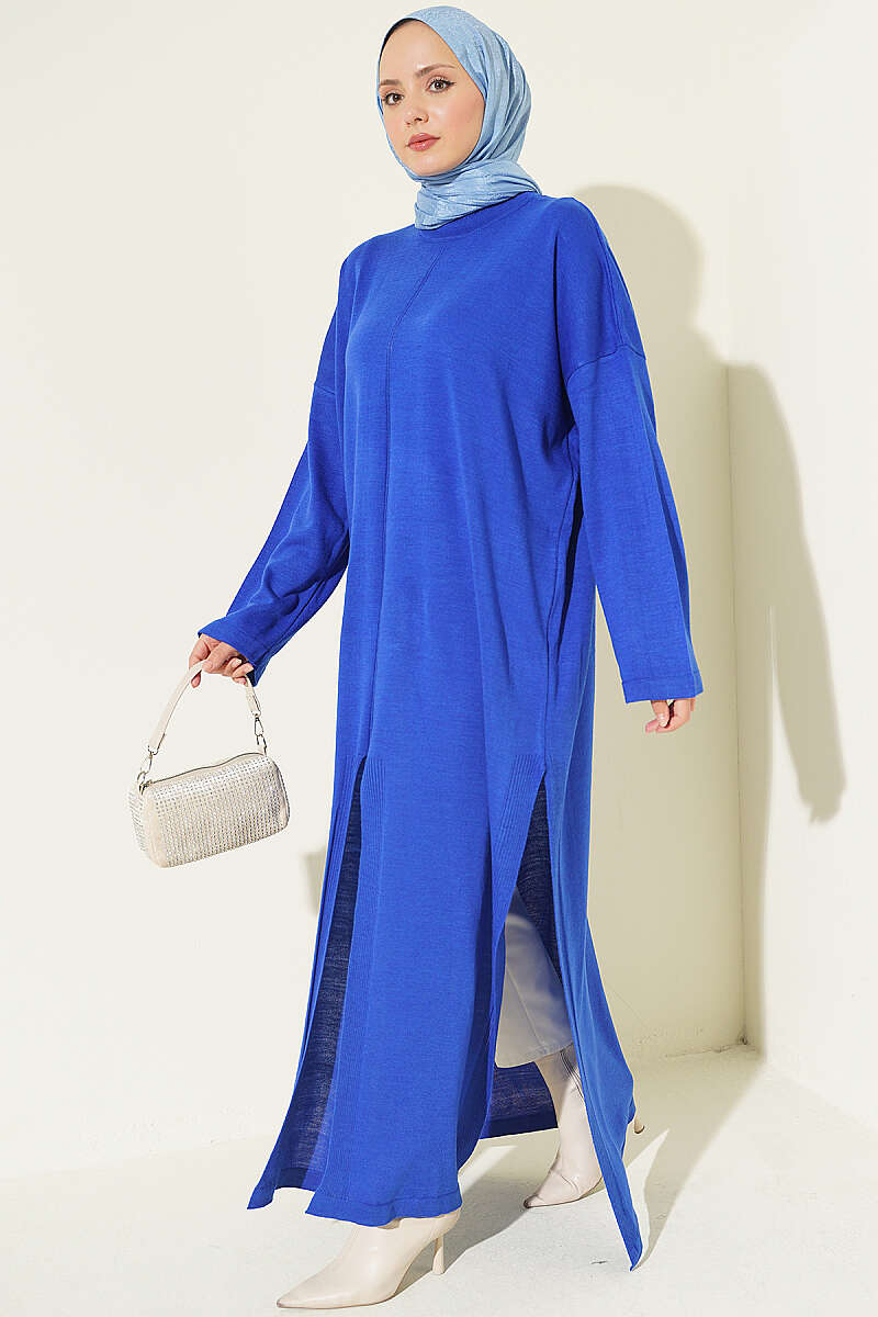 Knit Tunic with Long Side Slits - Saxe Blue