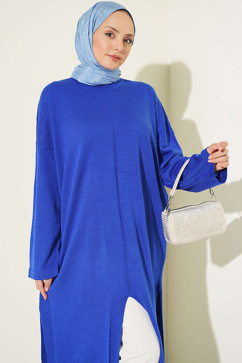 Knit Tunic with Long Side Slits - Saxe Blue