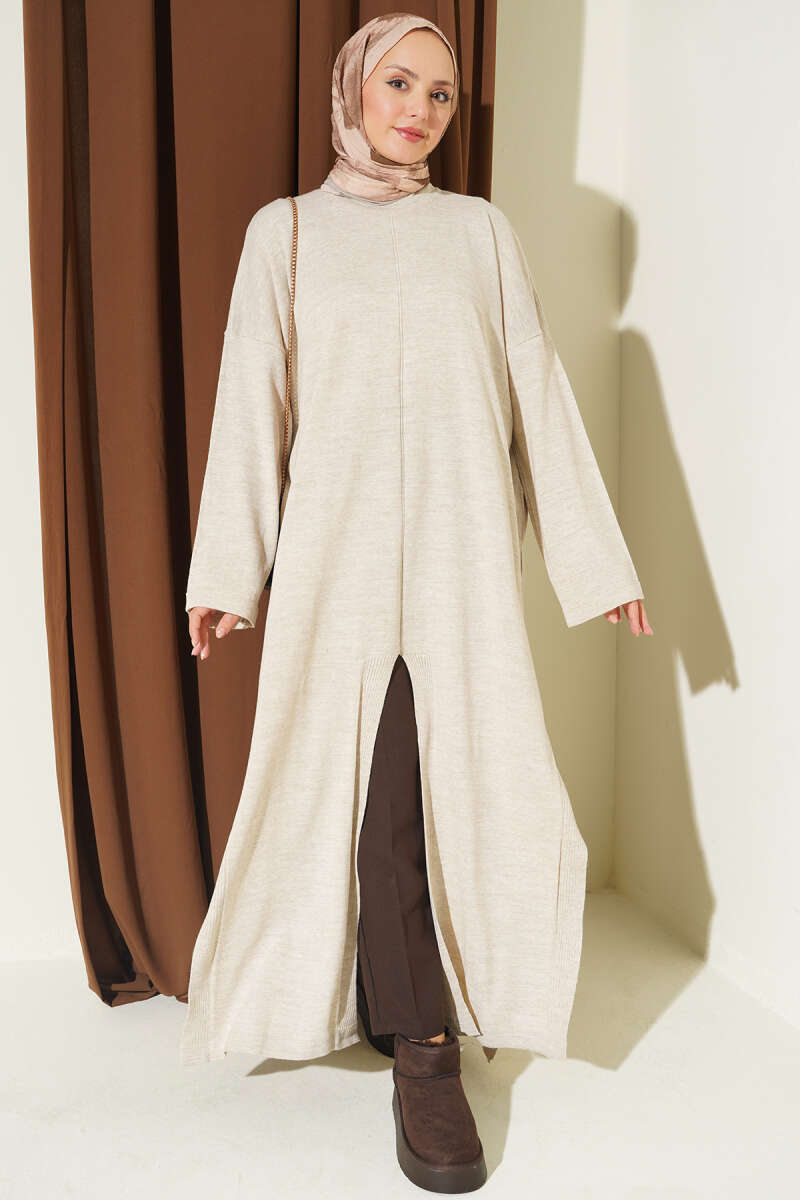 Knit Tunic with Long Side Slits - Stone