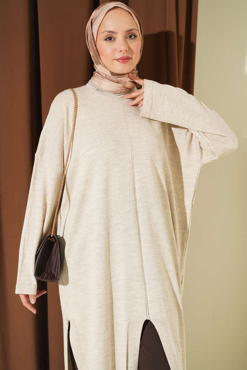 Knit Tunic with Long Side Slits - Stone