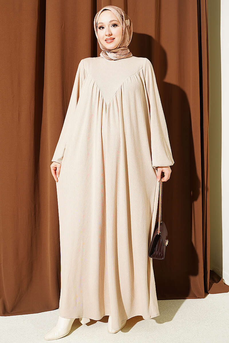 Dress with V Gathering - Beige