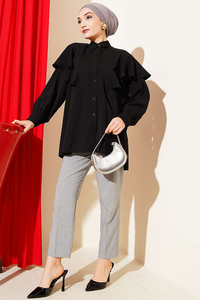 Loose Modal Shirt with V Ruffle - Black
