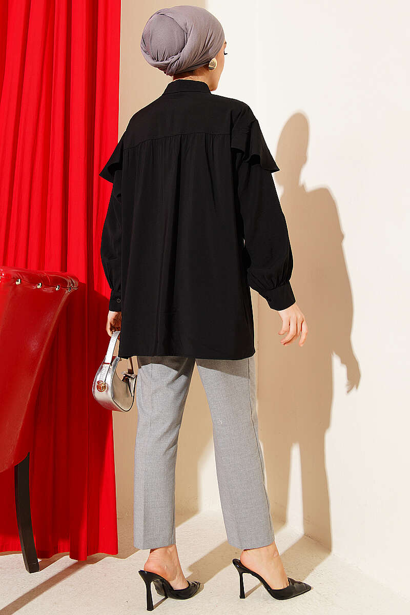 Loose Modal Shirt with V Ruffle - Black