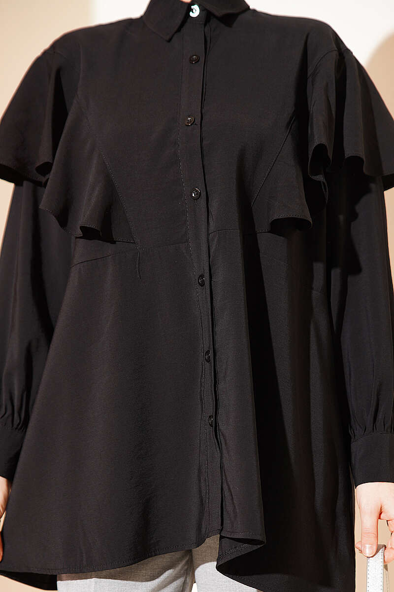 Loose Modal Shirt with V Ruffle - Black