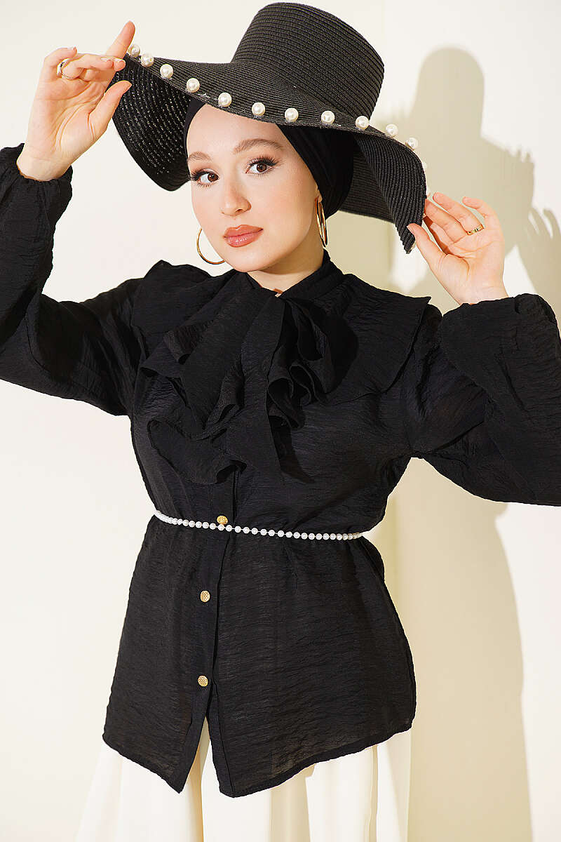 Short Shirt with V-Ruffle and Tie Collar - Black