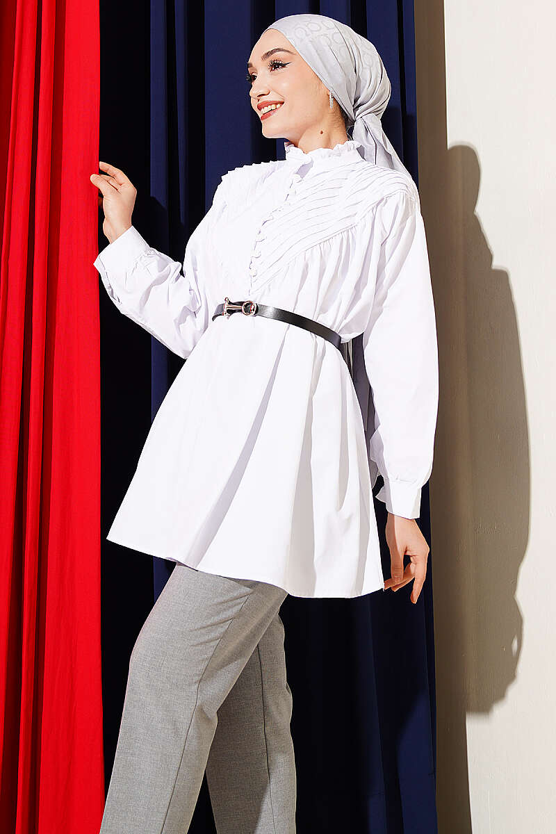 V-Ribbed Tunic with Half Rivet Buttons - White