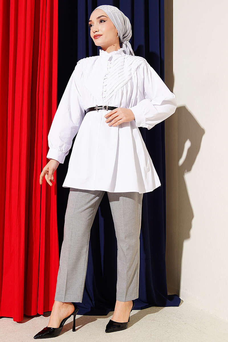 V-Ribbed Tunic with Half Rivet Buttons - White