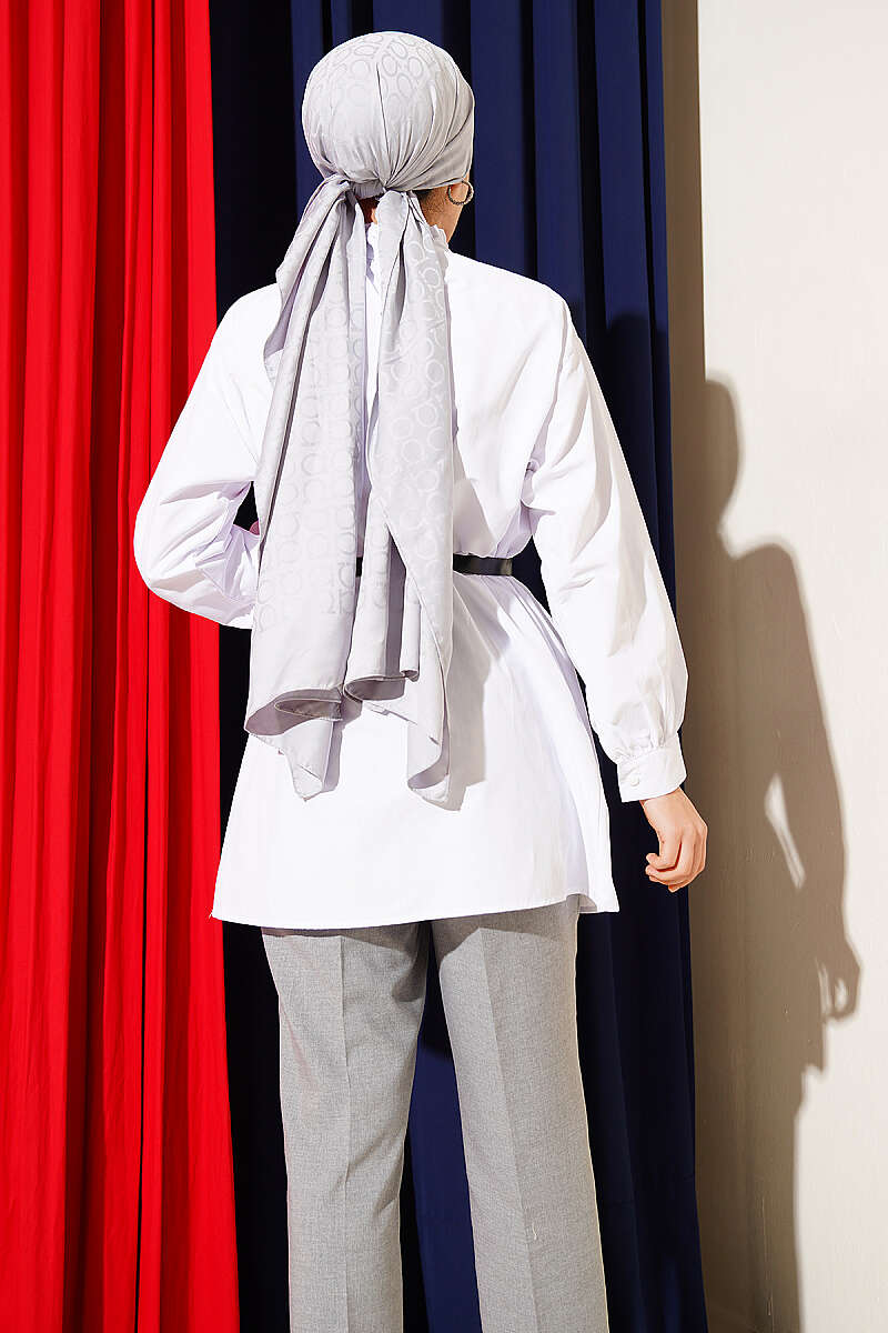 V-Ribbed Tunic with Half Rivet Buttons - White