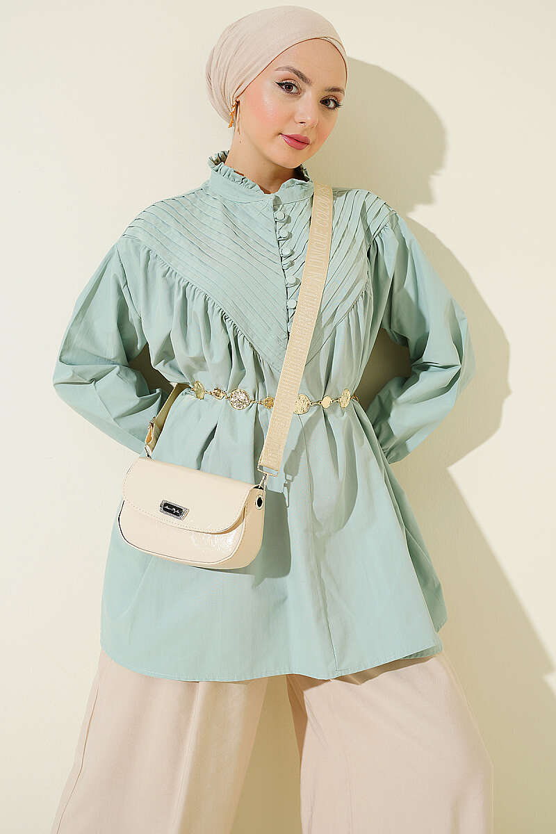 V-Ribbed Tunic with Half Rivet Buttons - Almond Green