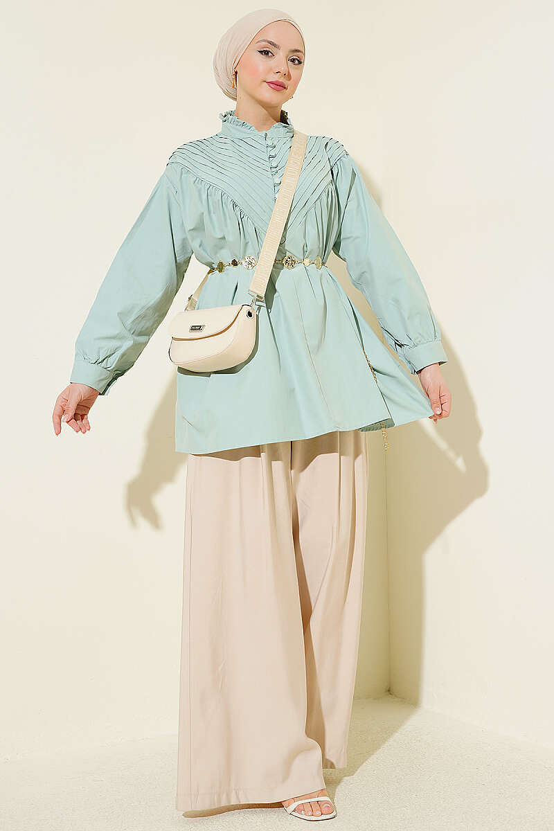 V-Ribbed Tunic with Half Rivet Buttons - Almond Green