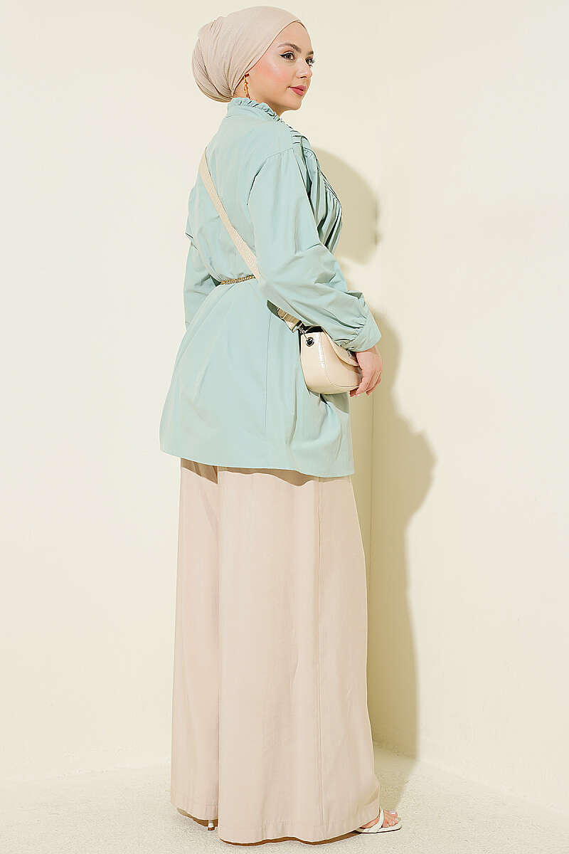 V-Ribbed Tunic with Half Rivet Buttons - Almond Green