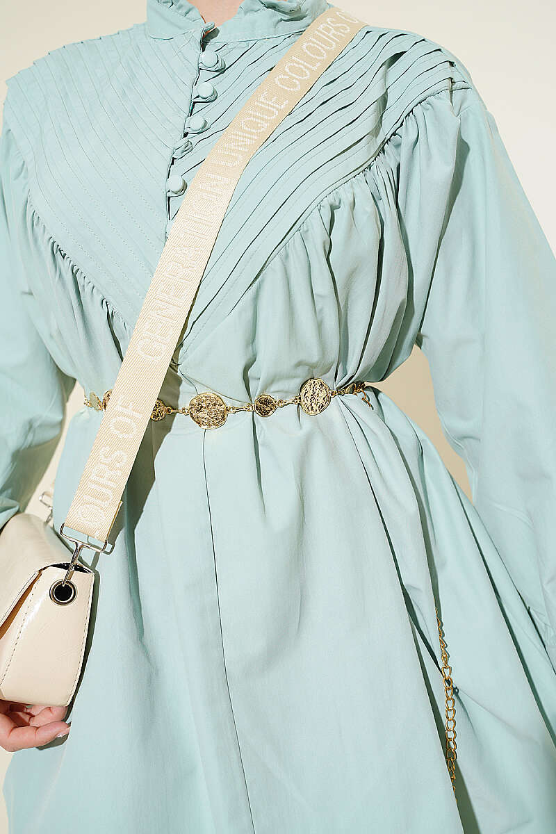 V-Ribbed Tunic with Half Rivet Buttons - Almond Green