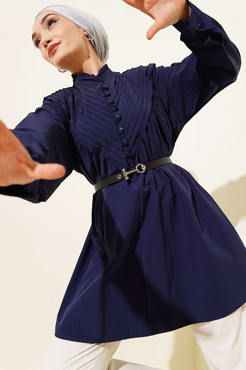 V-Ribbed Tunic with Half Rivet Buttons - Navy