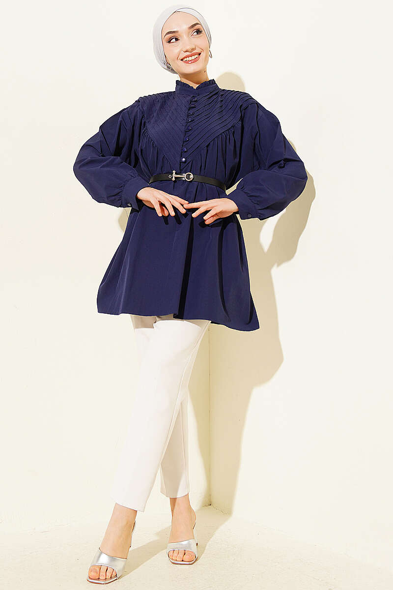 V-Ribbed Tunic with Half Rivet Buttons - Navy