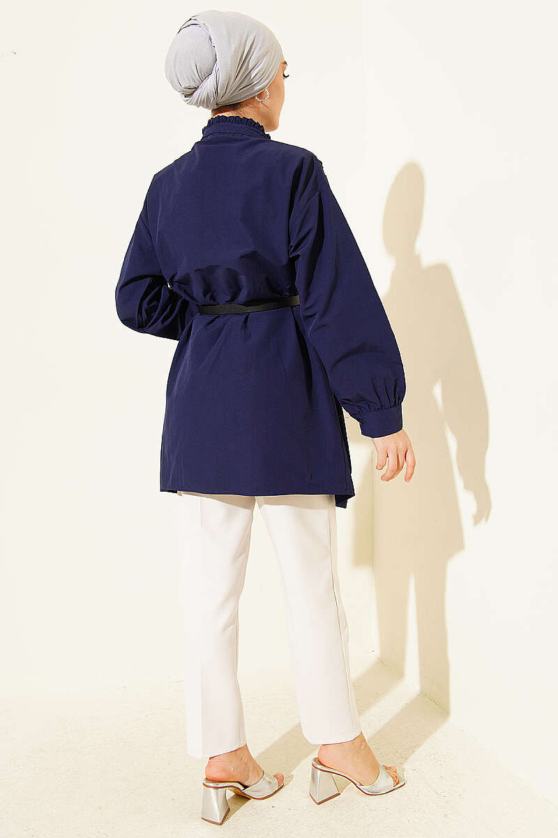 V-Ribbed Tunic with Half Rivet Buttons - Navy