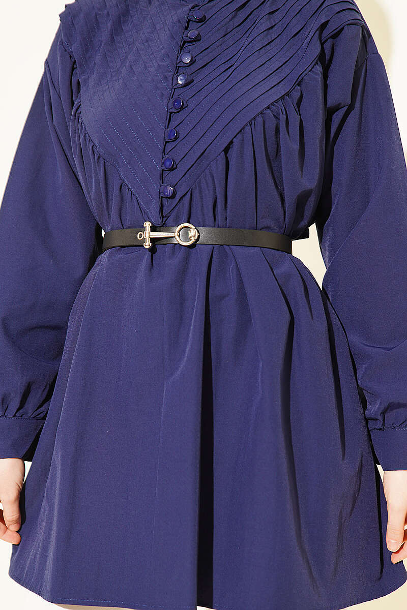 V-Ribbed Tunic with Half Rivet Buttons - Navy