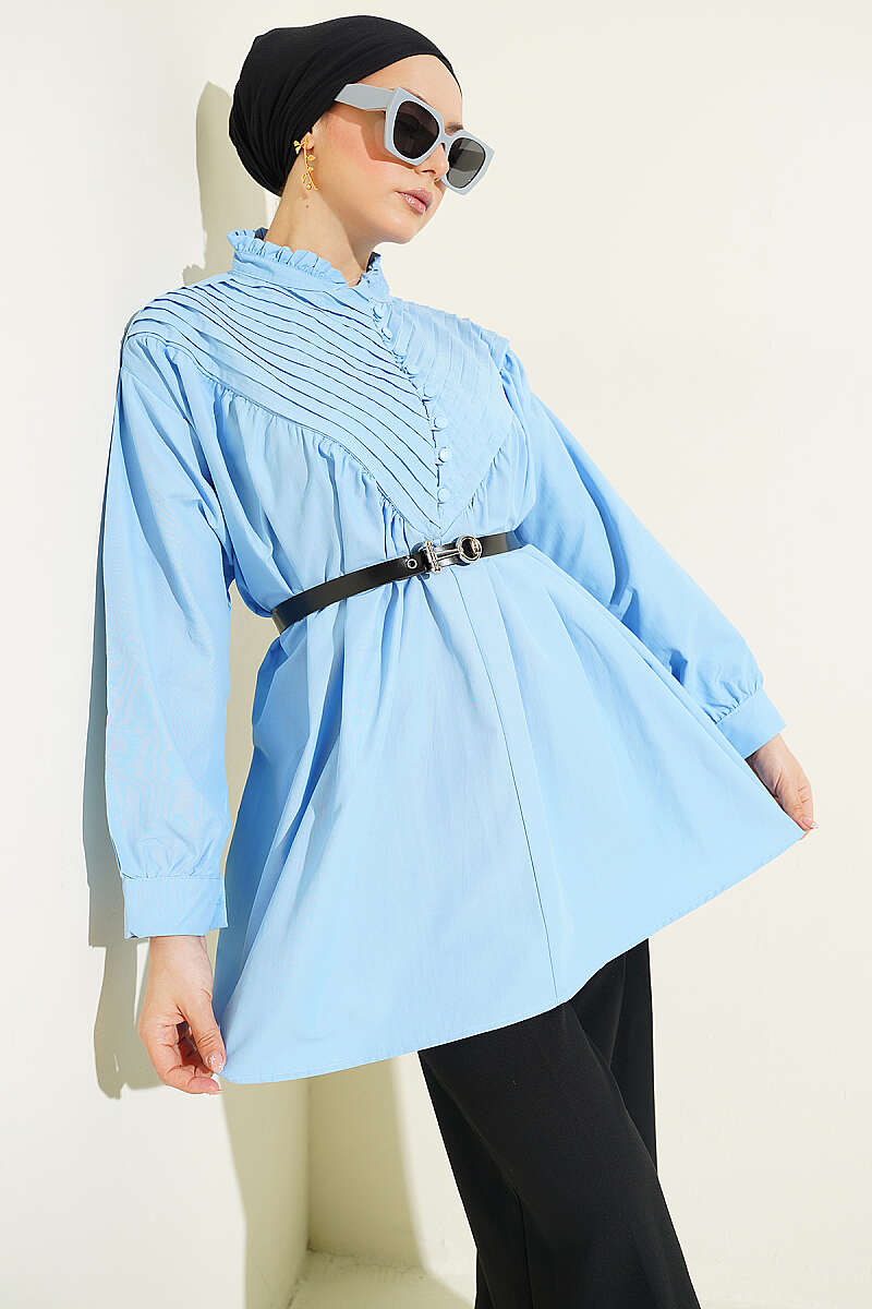 V-Ribbed Tunic with Half Rivet Buttons - Blue