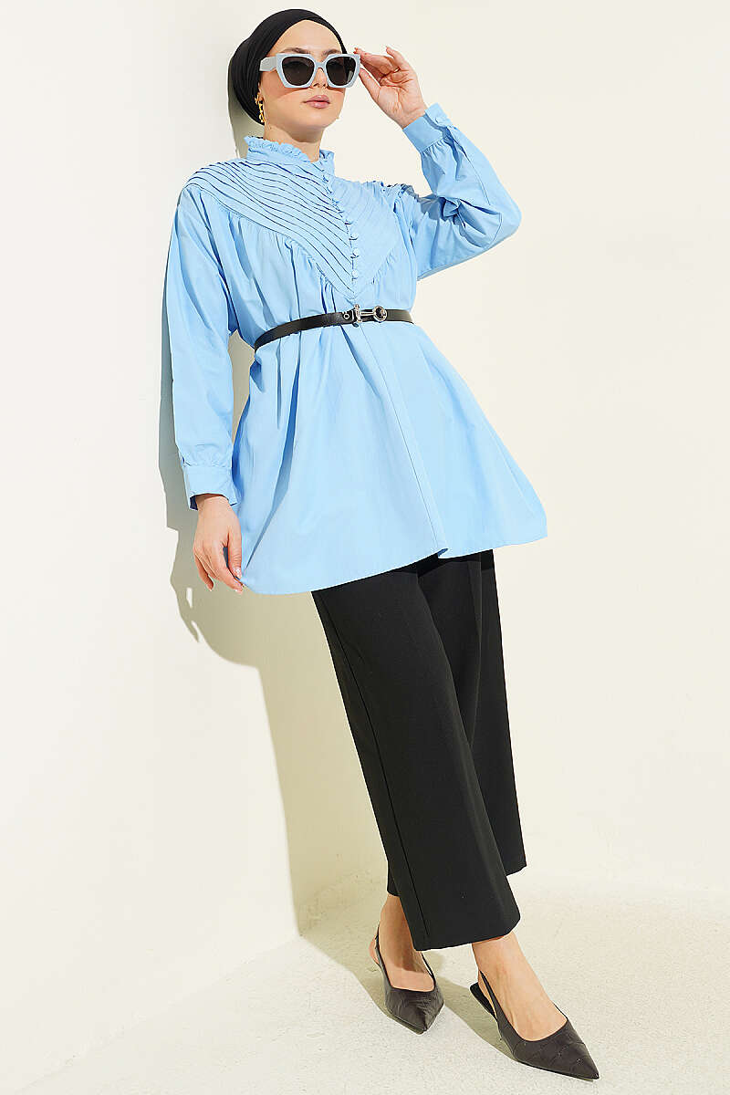 V-Ribbed Tunic with Half Rivet Buttons - Blue