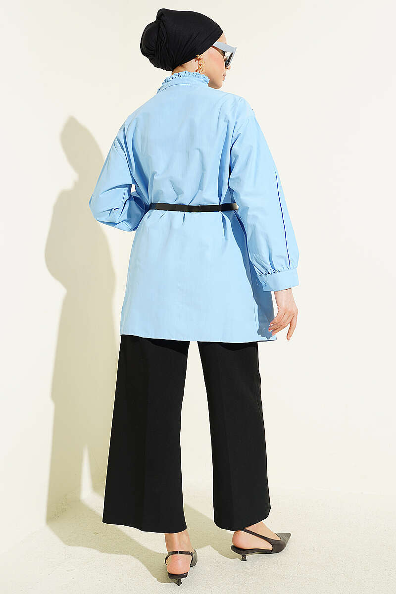 V-Ribbed Tunic with Half Rivet Buttons - Blue