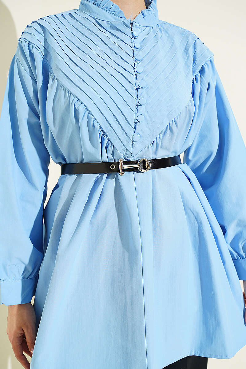 V-Ribbed Tunic with Half Rivet Buttons - Blue