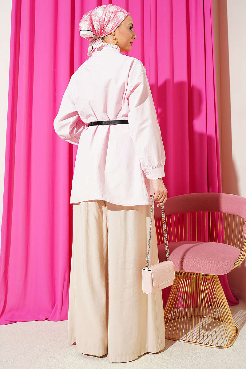 V-Ribbed Tunic with Half Rivet Buttons - Pink