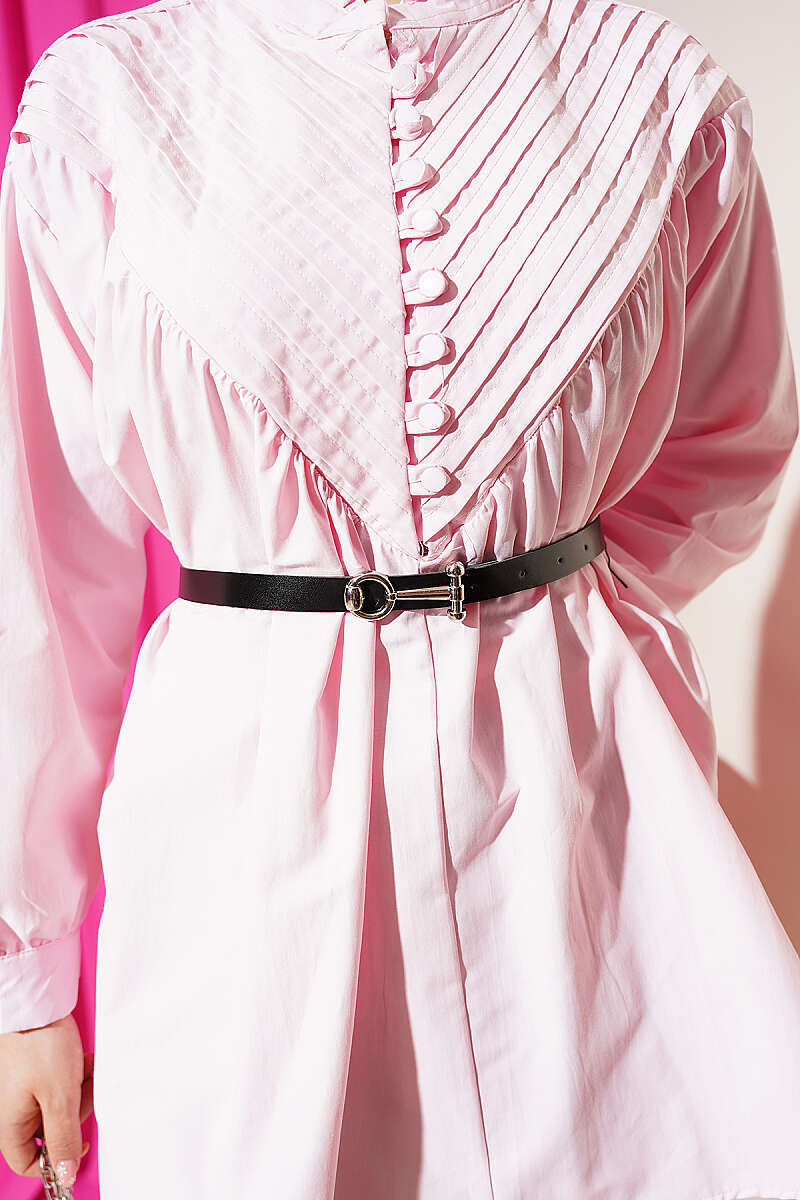 V-Ribbed Tunic with Half Rivet Buttons - Pink