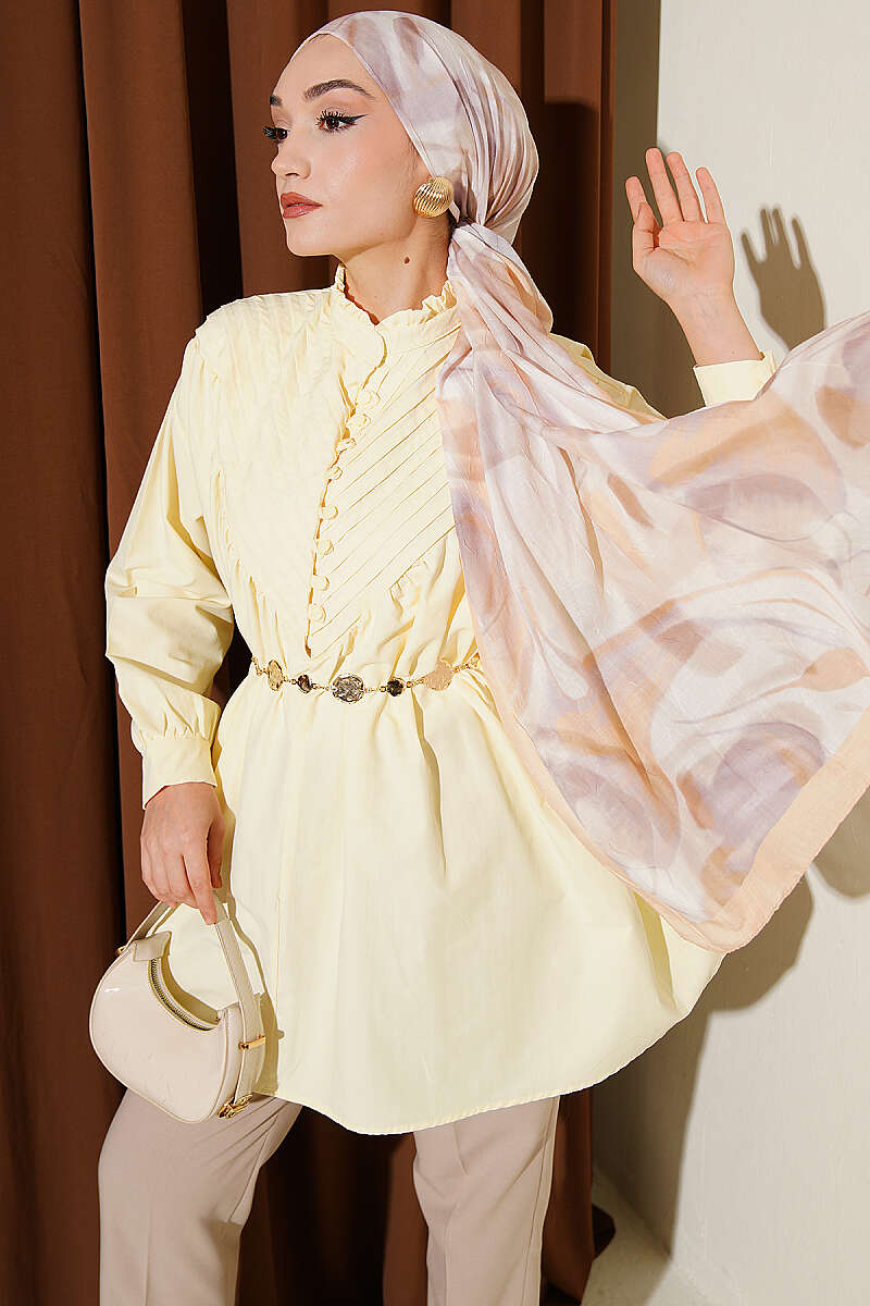 V-Ribbed Tunic with Half Rivet Buttons - Yellow