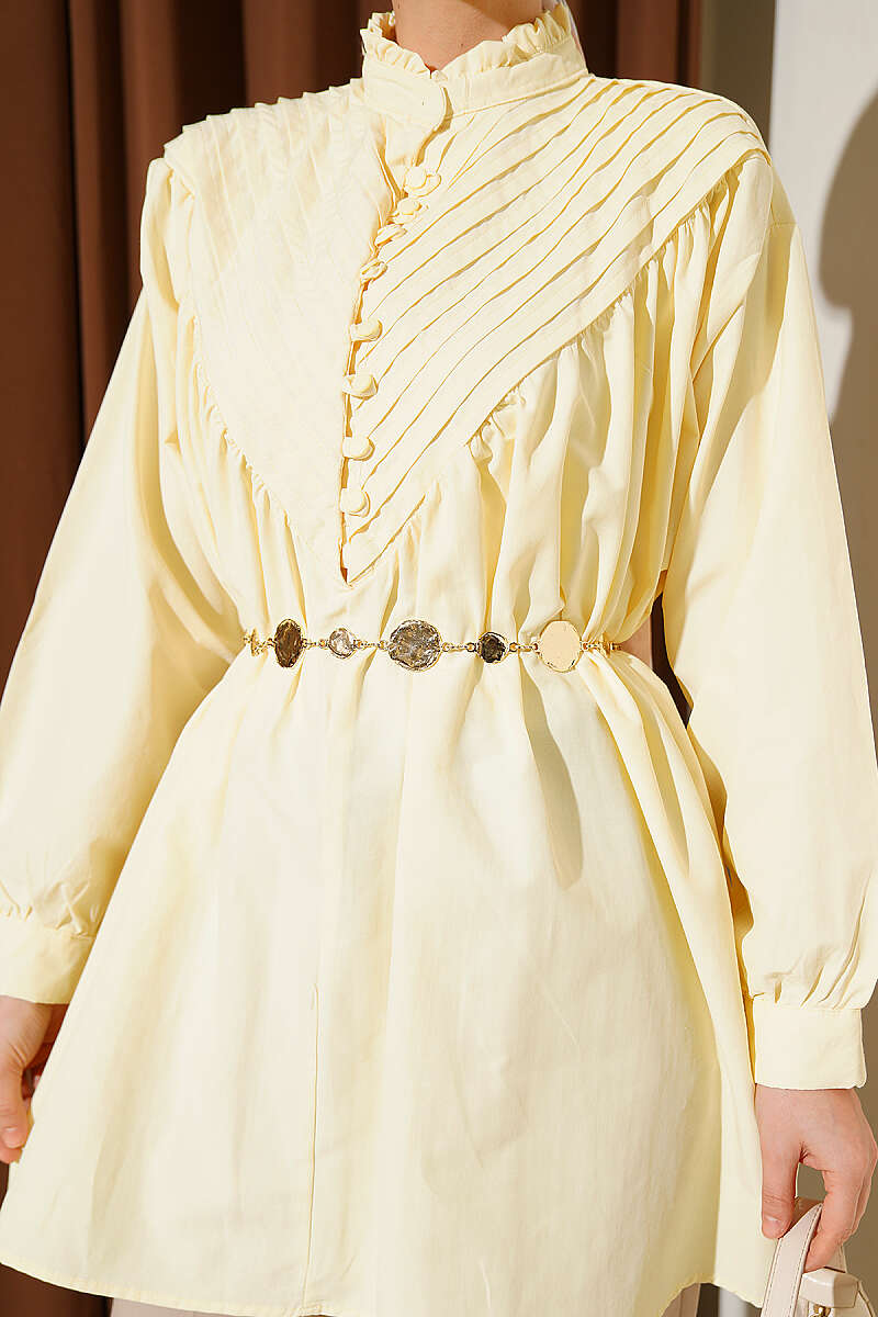 V-Ribbed Tunic with Half Rivet Buttons - Yellow