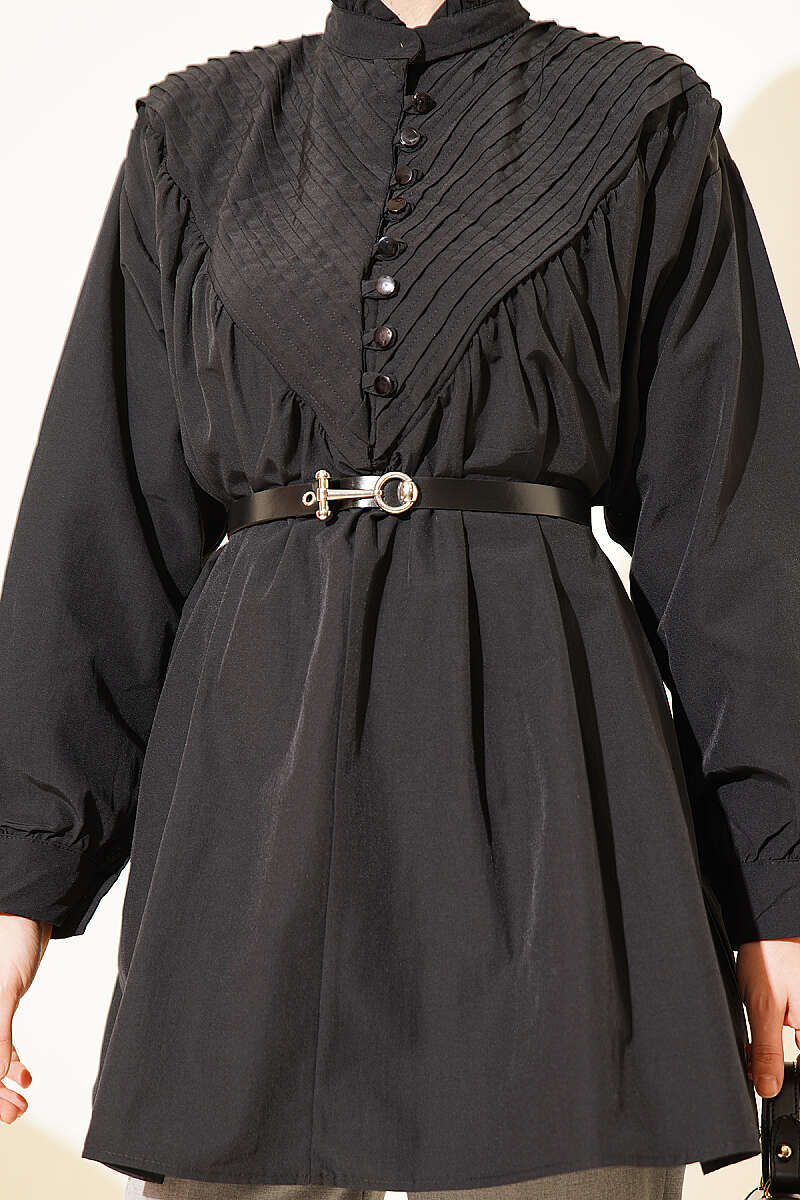 V-Ribbed Tunic with Half Rivet Buttons - Black