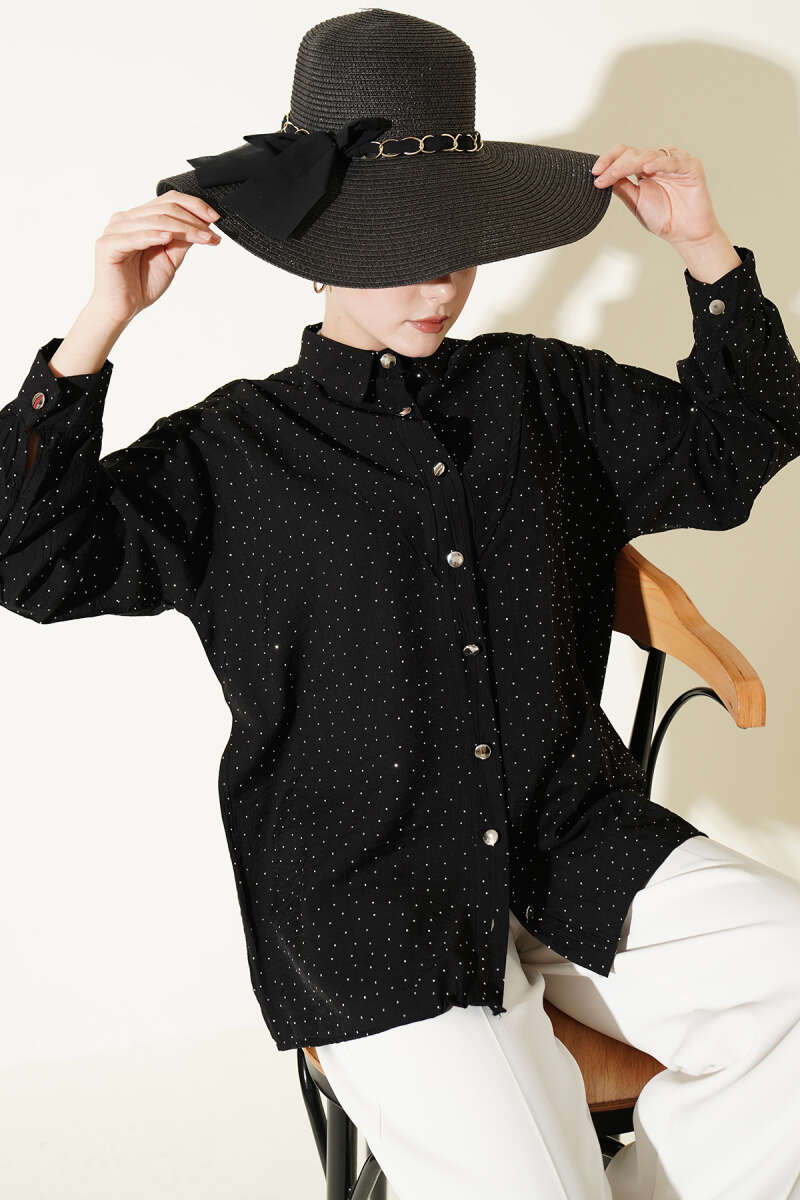 Stone-Embellished Shirt with V Panel - Black