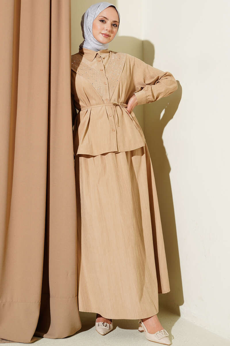 Tencel Skirt Set with V Stones - Latte