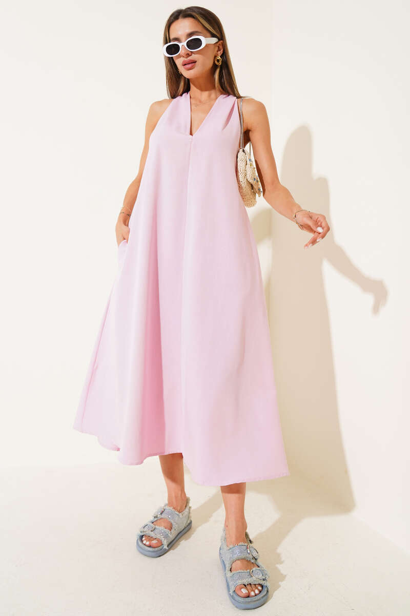 V-Neck Dress with Criss-Cross Back - Pink