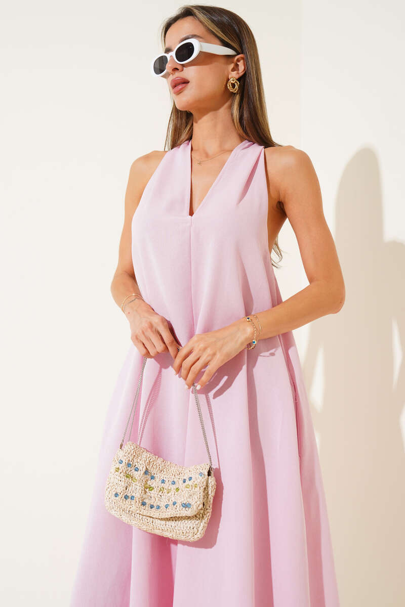V-Neck Dress with Criss-Cross Back - Pink