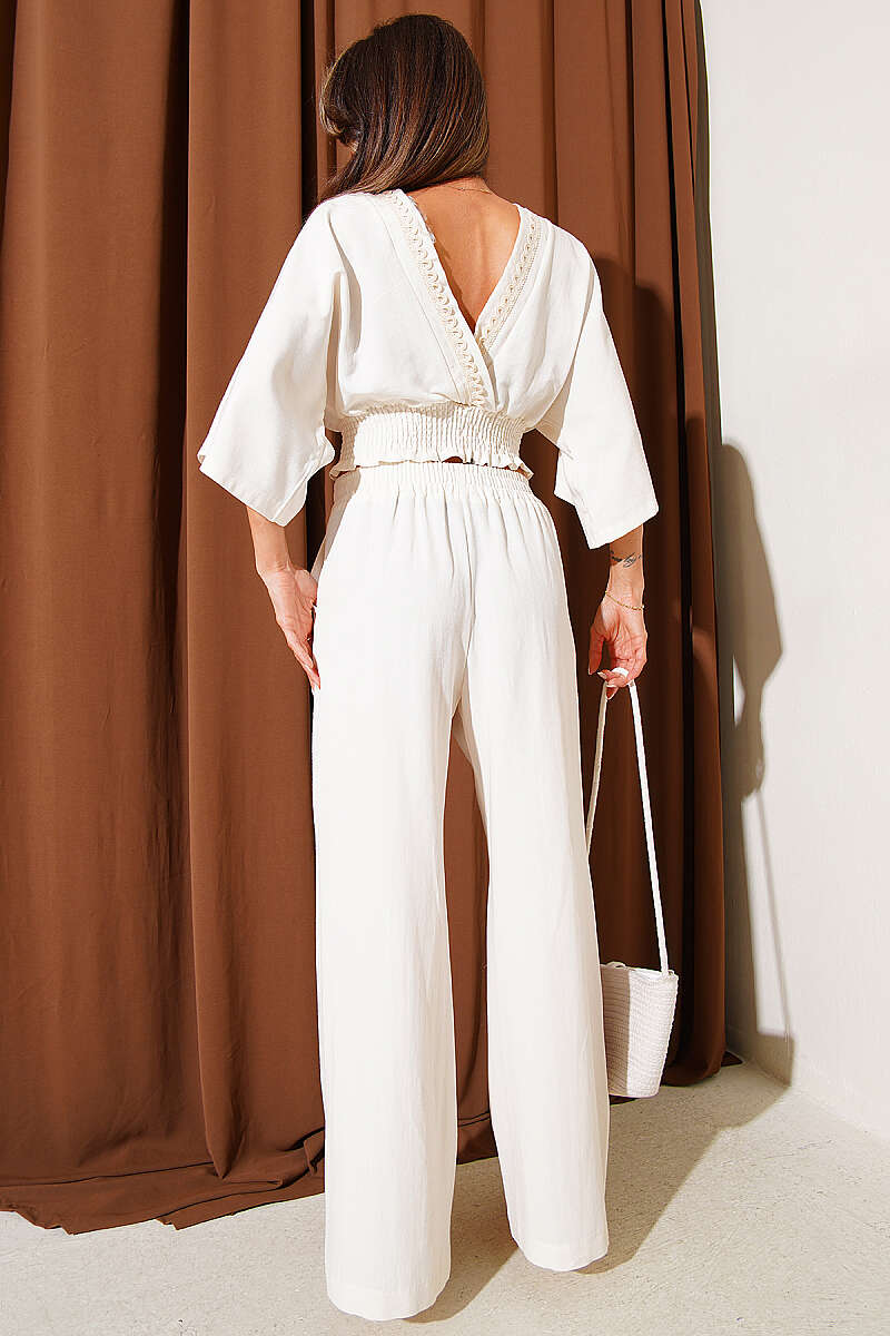 V-Neck Crop Two-Piece Set with Guipure Waist - Beige