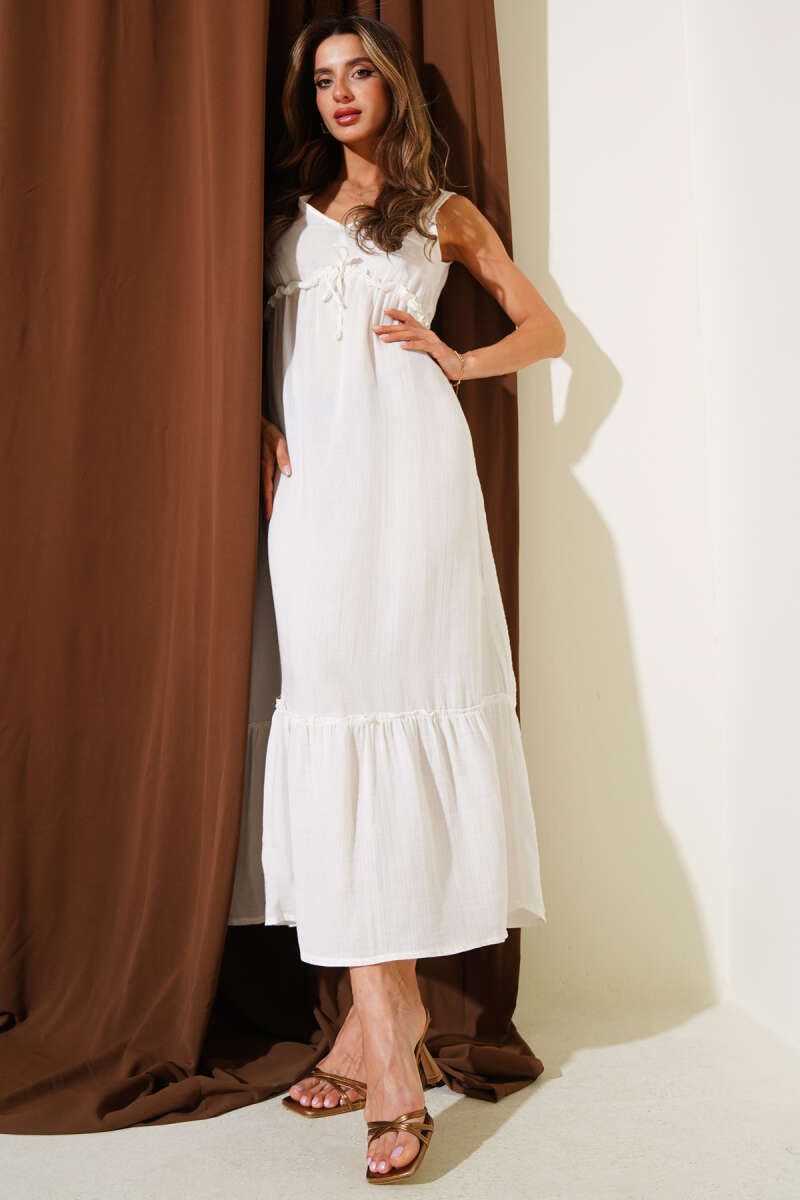 V-Neck Muslin Dress with Elastic Waist - Ecru