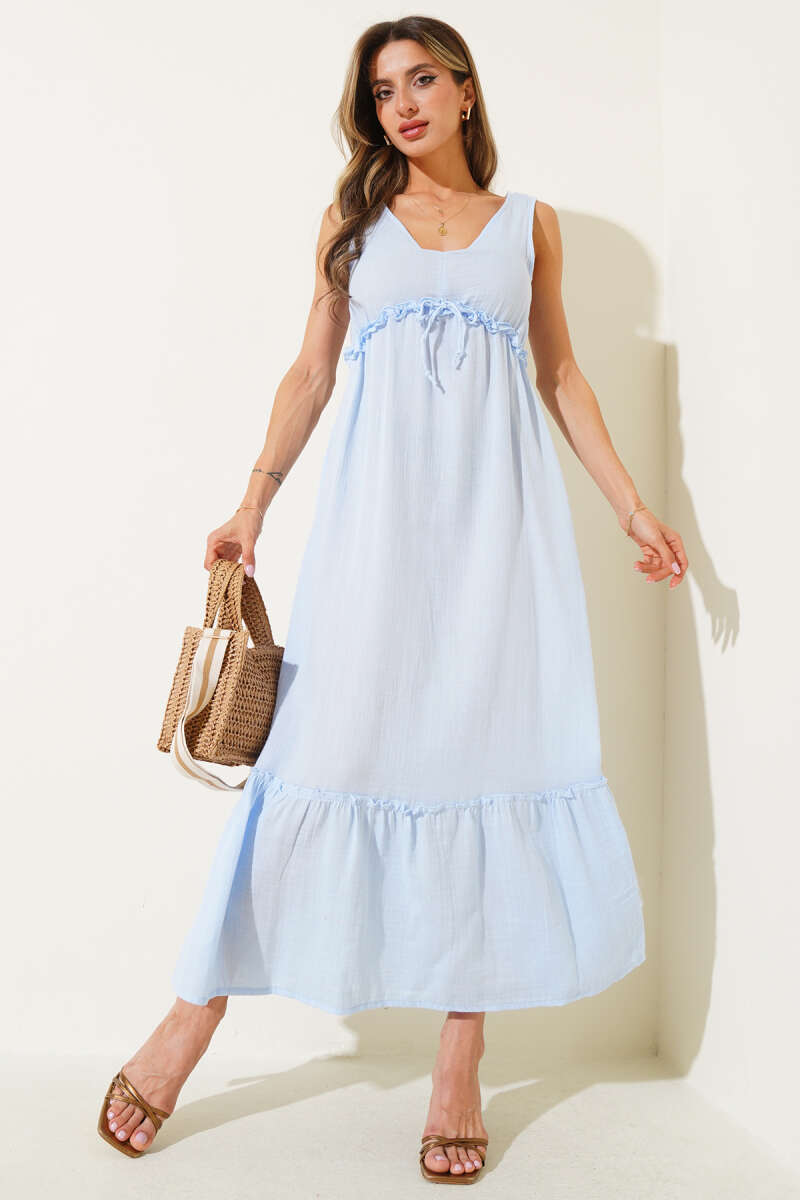 V-Neck Muslin Dress with Elastic Waist - Blue
