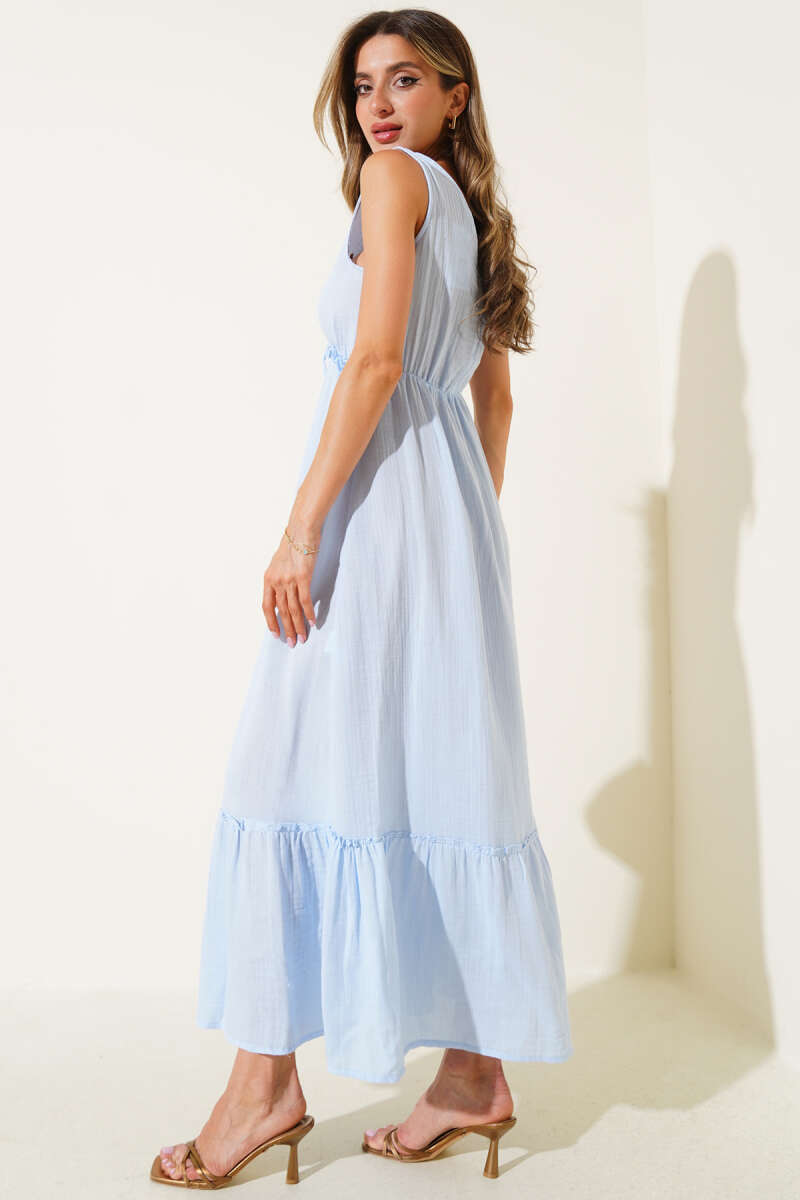 V-Neck Muslin Dress with Elastic Waist - Blue