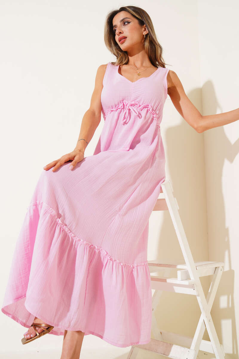 V-Neck Muslin Dress with Elastic Waist - Pink