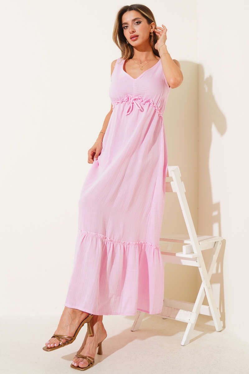 V-Neck Muslin Dress with Elastic Waist - Pink
