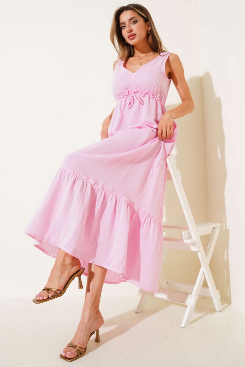 V-Neck Muslin Dress with Elastic Waist - Pink