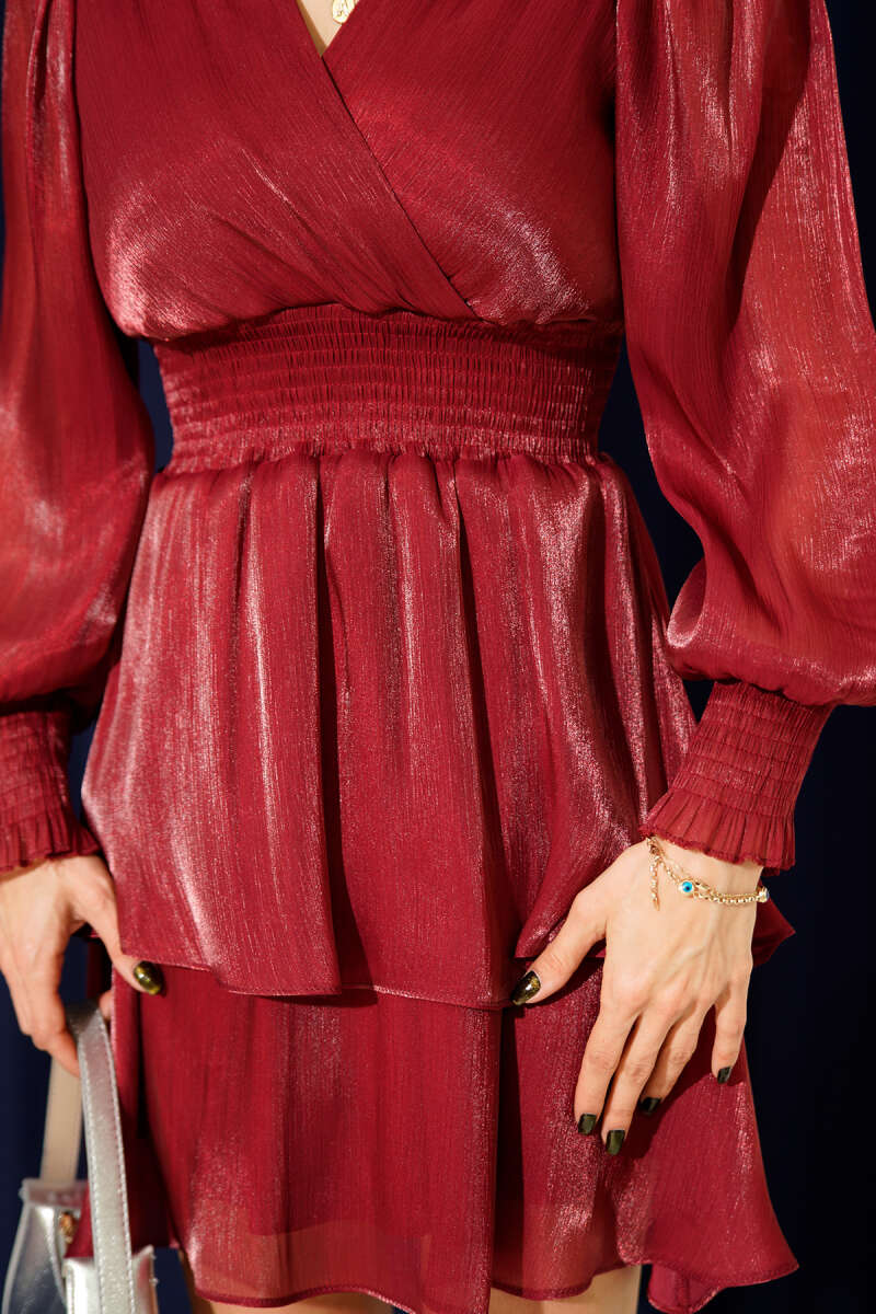 V-Neck Mini Dress with Elastic Waist - Burgundy