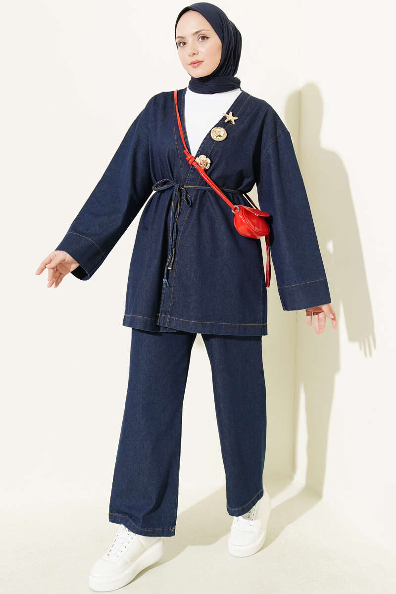 V-Neck Denim Two-Piece Set with Brooch - Dark Blue