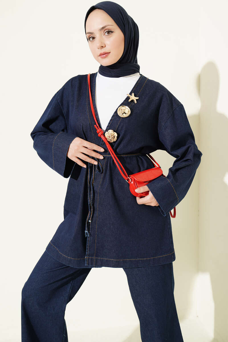 V-Neck Denim Two-Piece Set with Brooch - Dark Blue