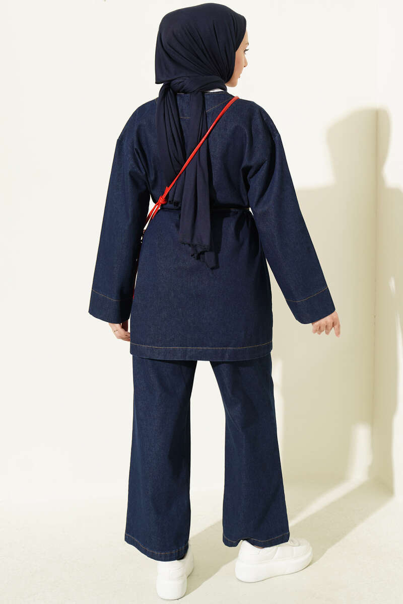 V-Neck Denim Two-Piece Set with Brooch - Dark Blue