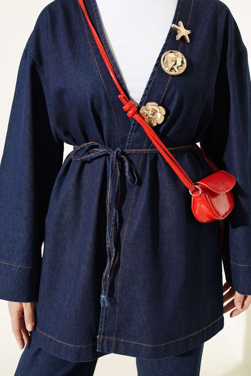 V-Neck Denim Two-Piece Set with Brooch - Dark Blue