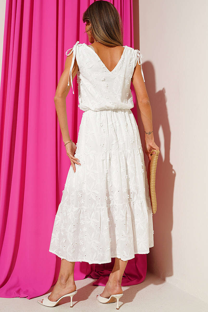 V-Neck Dress with Raised Flowers - Ecru