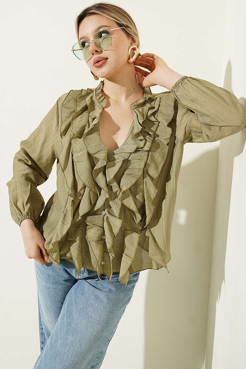 V-Neck Striped Ruffle Blouse - Khaki